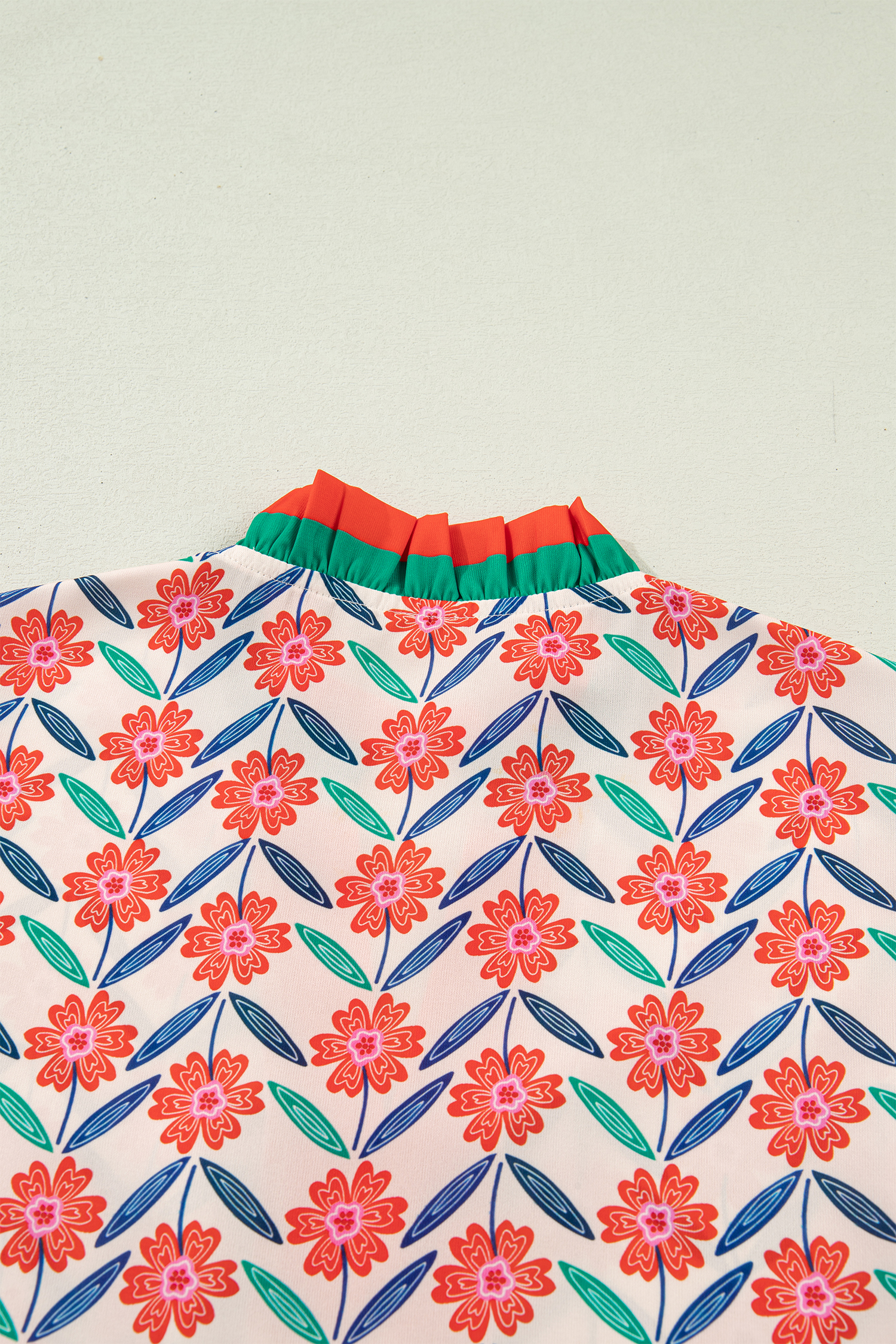 Red Floral Print Striped Detail V Neck Ruffled Short Sleeve Blouse - Image 5