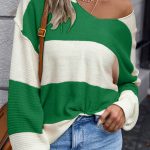 Green Stripe Loose Color Block Drop Shoulder Bubble Sleeve Sweater