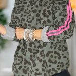 Green Leopard Print Varsity Striped Trim Long Sleeve Top