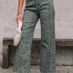 Gray Leopard Frayed Edge Wide Leg High Waist Jeans