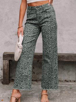 Gray Leopard Frayed Edge Wide Leg High Waist Jeans