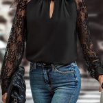 Black Keyhole Neckline Floral Lace Raglan Sleeve Blouse