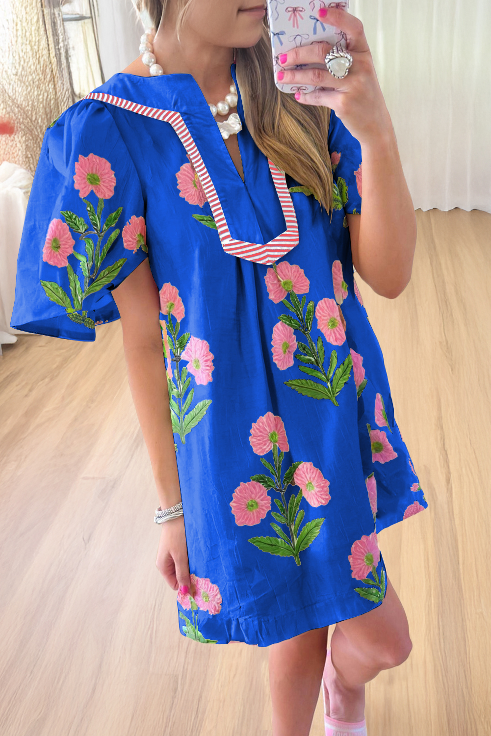 Blue Floral Short Sleeve Split Neck Loose Mini Dress - Image 6