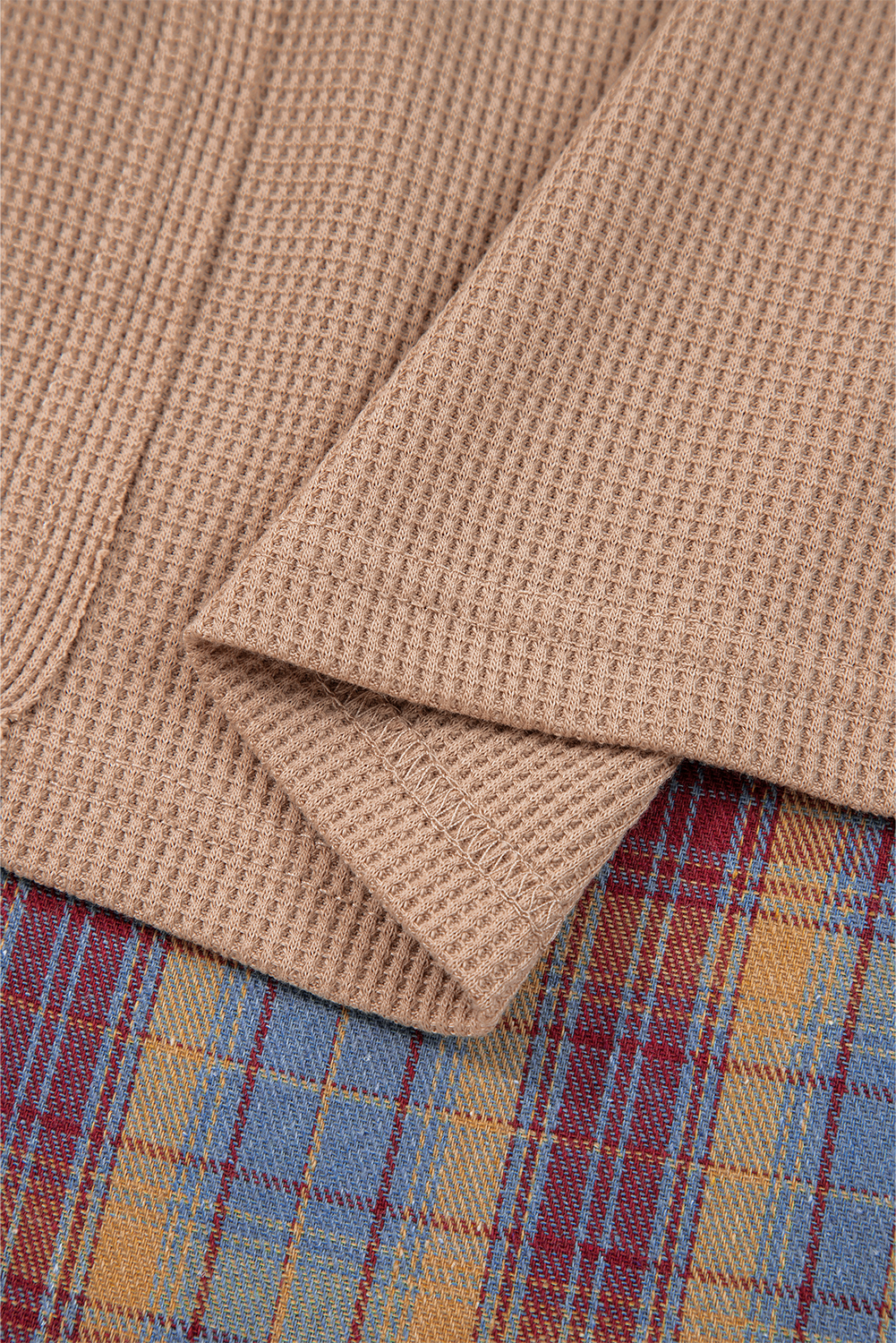 Straw Yellow Waffle Stripe Plaid Patchwork Henley Knit Top - Image 8