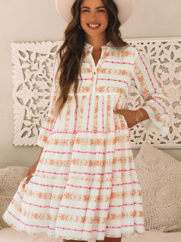 Orange Bohemian Printed Bracelet Sleeve Slit Neck Ruffled Loose Dress