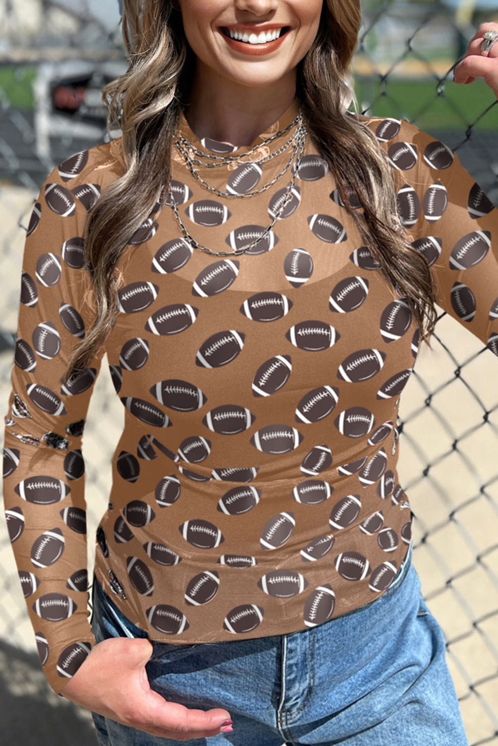 Brown Game Day Rugby Mesh Sheer Long Sleeve Top - Image 5