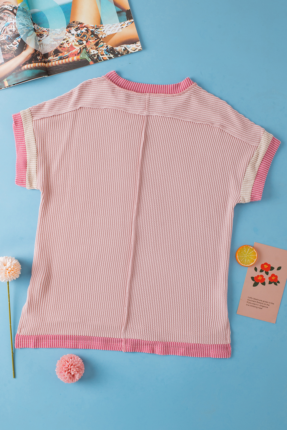 Light Pink Textured Contrast Trim Round Neck T Shirt - Image 7