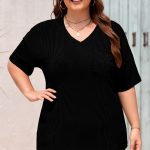 Black Textured V-Neck Dropped Shoulder Plus T-Shirt