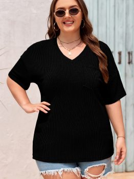 Black Textured V-Neck Dropped Shoulder Plus T-Shirt