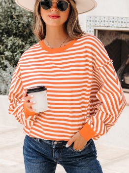 Orange Stripe Exposed Seam Drop Shoulder Casual Pullover Top