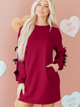 Racing Red Contrast Striped Bow Detail Drop Shoulder Sweatshirt Dress with Pockets