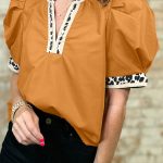 Buckskin Contrast Leopard Trim Split Neck Puff Sleeve Blouse