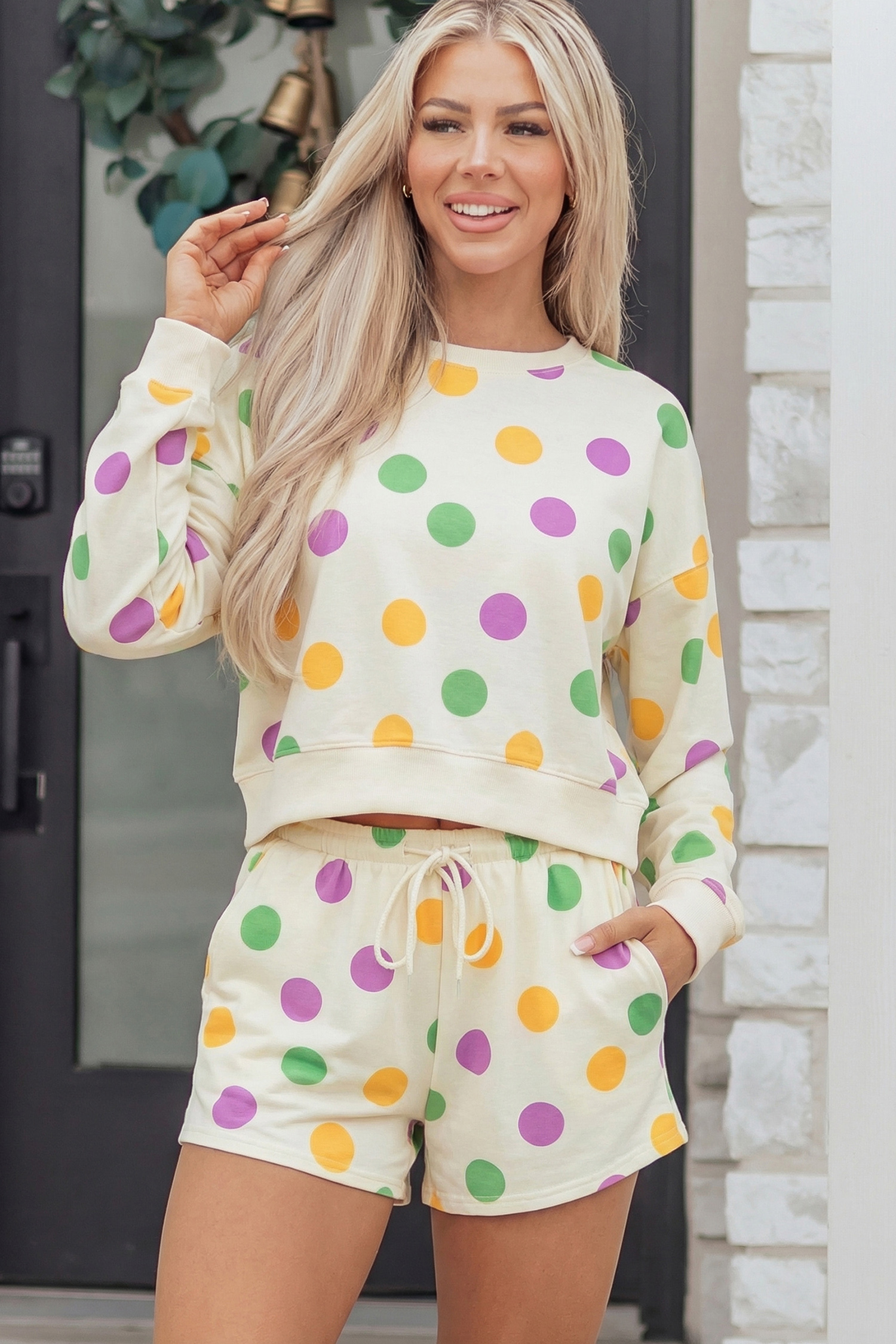 Multicolour Polka Dot Print Drop Shoulder Pullover Drawstring Shorts Set - Image 5
