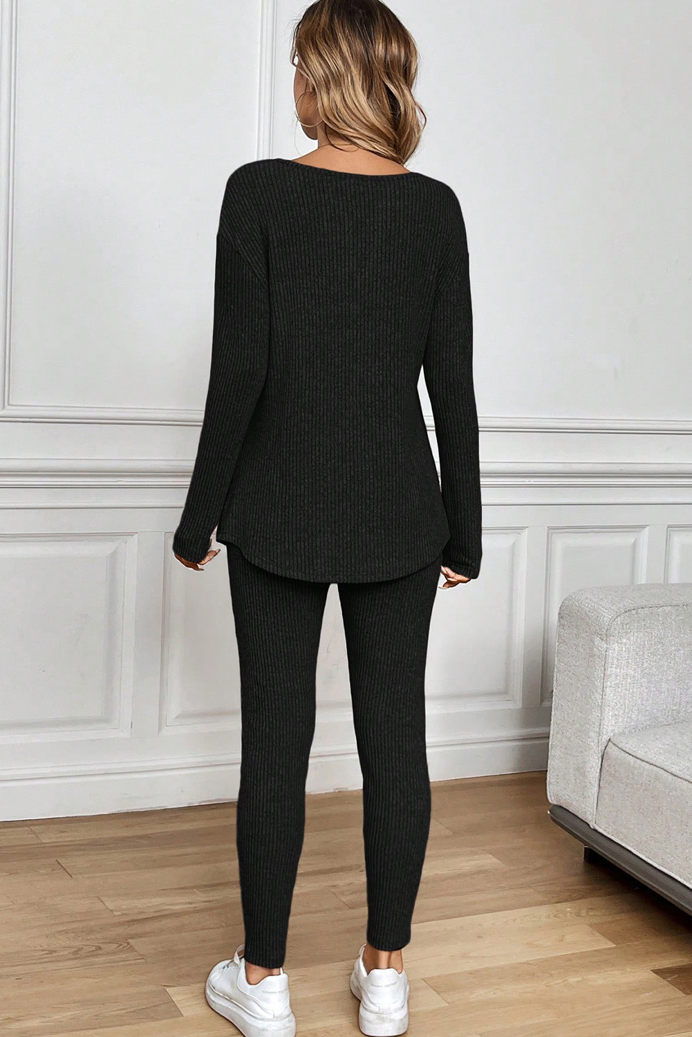 Black Ribbed Notched Neck Knit Long Sleeve Leggings Two Pieces Lounge Set - Image 2