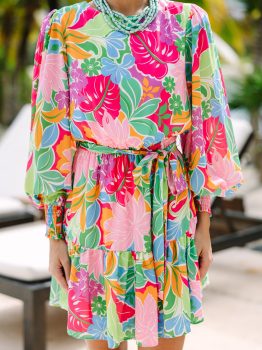 Green Multicolor Botanical Bubble Sleeve Mini Dress