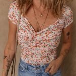 Orange Short Sleeve Floral Ruched Sweetheart Bodysuit
