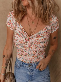 Orange Short Sleeve Floral Ruched Sweetheart Bodysuit