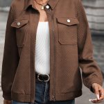 Coffee Solid Color Zip Up Button Flap Pocket Shirt Collar Jackets