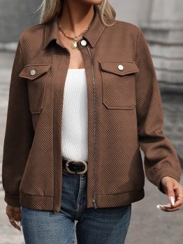 Coffee Solid Color Zip Up Button Flap Pocket Shirt Collar Jackets