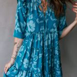 Blue Flower Half Sleeve Tiered Ruffled Mini Dress