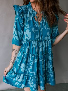 Blue Flower Half Sleeve Tiered Ruffled Mini Dress
