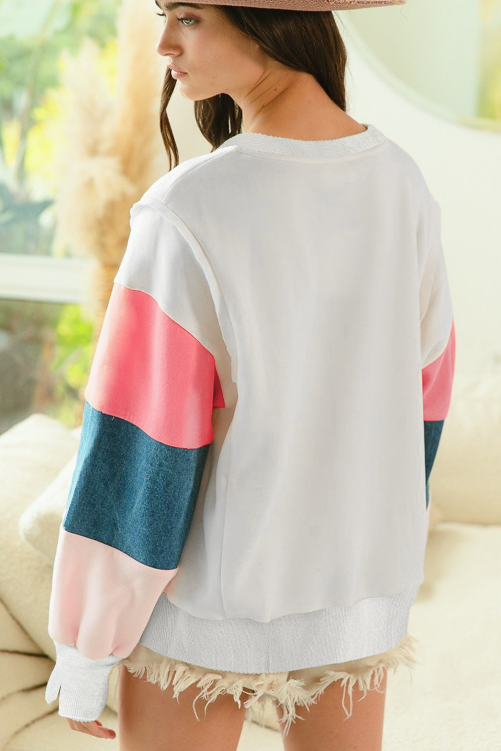 White French Terry Color Block Long Sleeve Top - Image 2
