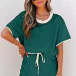 Evergreen Colorblock Edge Drop Shoulder T Shirt and Skort 2Pcs Set