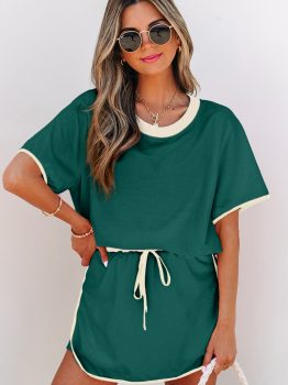 Evergreen Colorblock Edge Drop Shoulder T Shirt and Skort 2Pcs Set