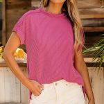 Rose Red Textured Knit Exposed Stitching T-shirt