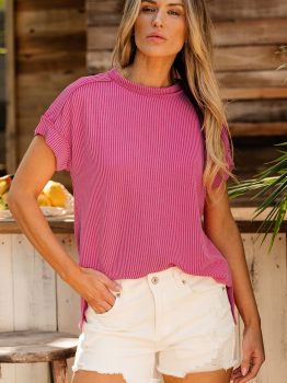 Rose Red Textured Knit Exposed Stitching T-shirt