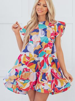 Pink Abstract Printed Ruffled Flutter Sleeve Tiered Mini Dress