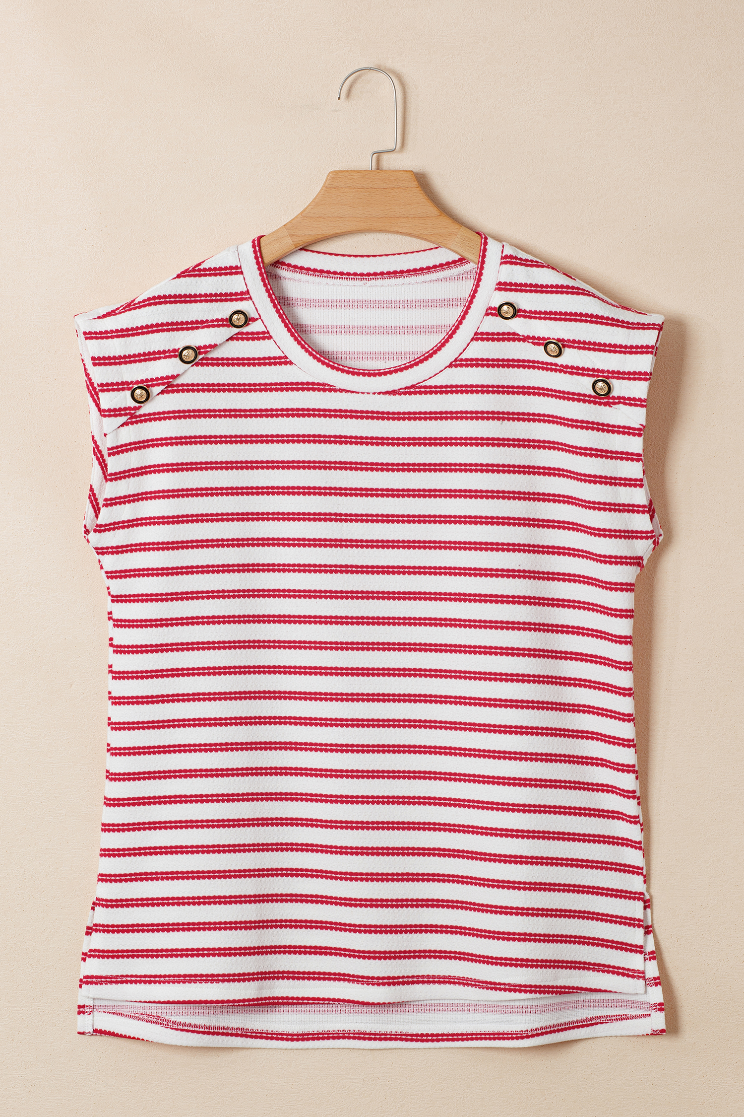 Red Stripe Textured Knit Button Detail Short Sleeve Casual Tee - Image 4