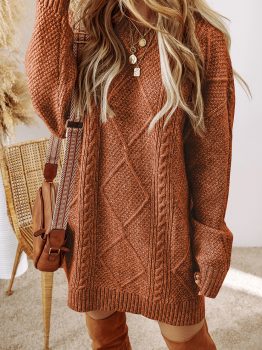 Coffee Cable Knit Drop Shoulder Loose Fit Sweater Dress