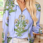 Sky Blue Floral Print Button Tie Neck Long Puff Sleeve Blouse