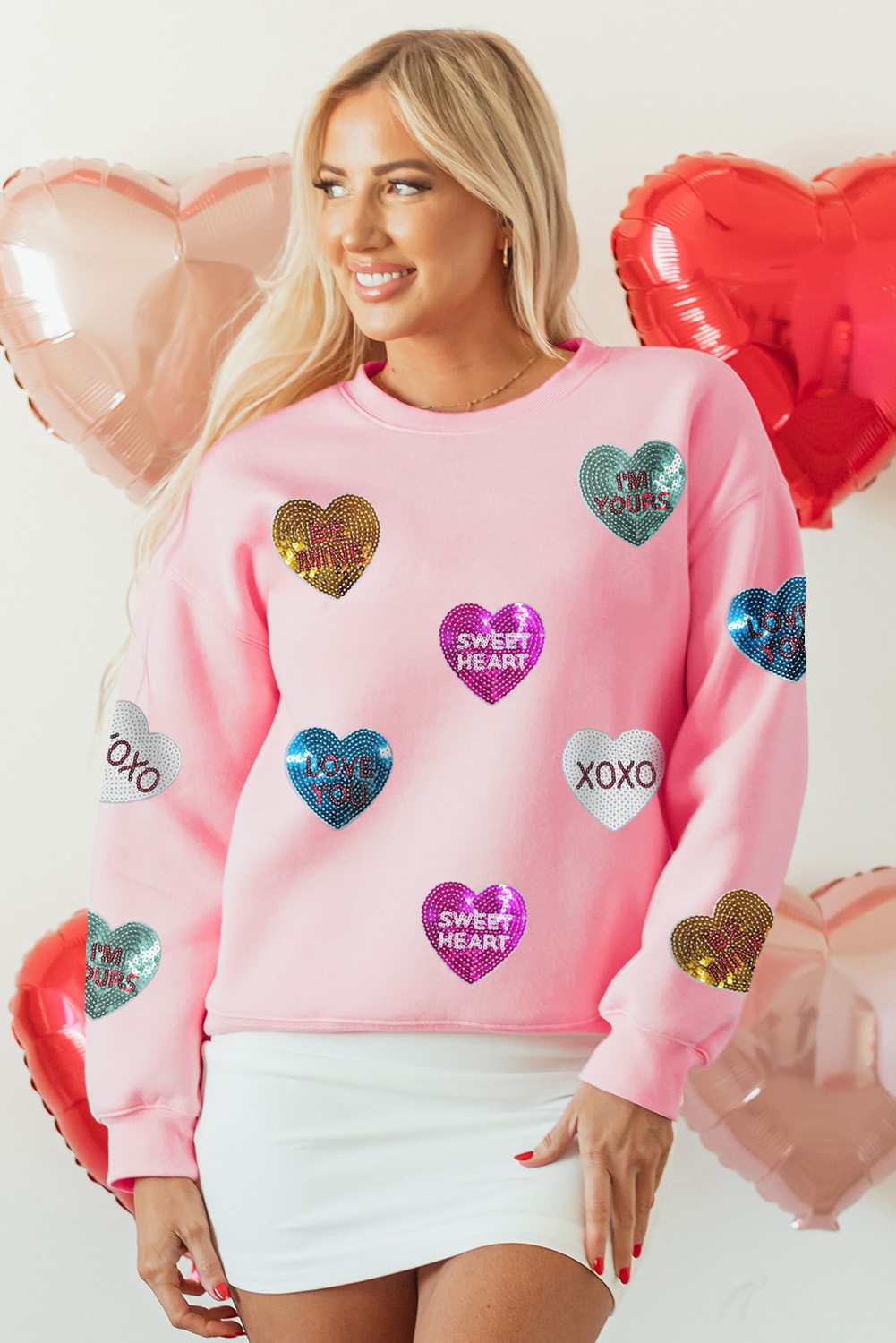 Pink Sequin Romantic Letters Heart Graphic Valentines Sweatshirt - Image 3