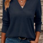 Dirty blue Notch V Neck Pocket Patched Long Sleeve T Shirt