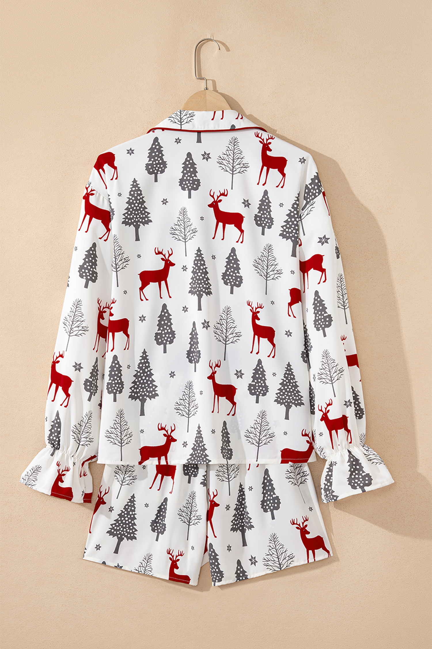 White Christmas Fashion Print Velvet Trim Bow Knot Pajama 2pcs Short Set - Image 4