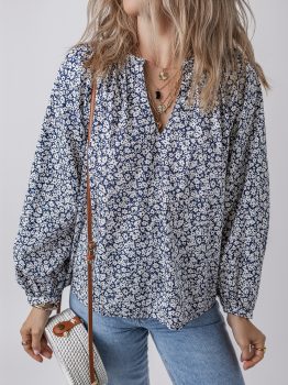 Blue Floral Print Notched V Neck Puff Sleeve Blouse