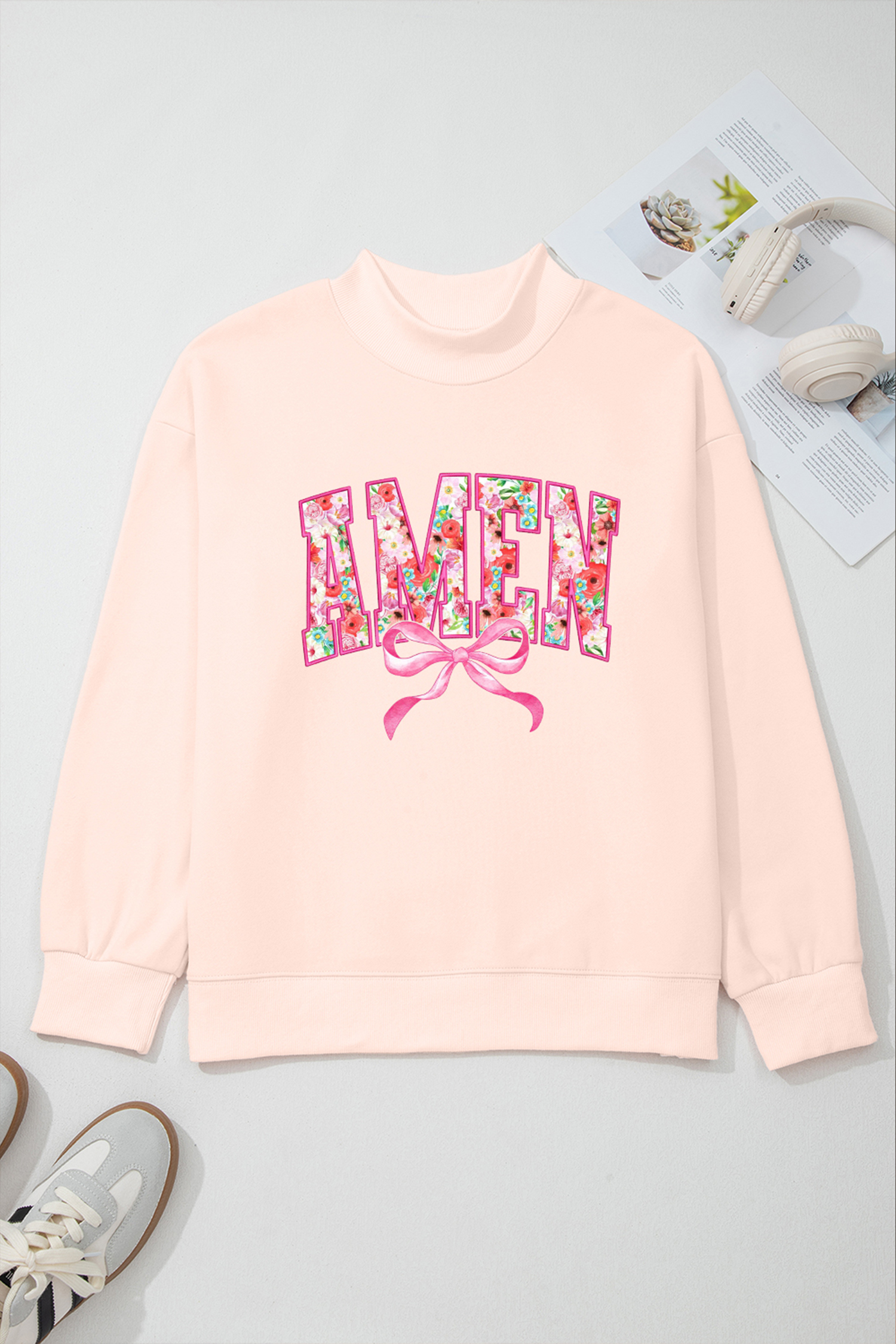 Apricot Pink AMEN Floral Bow Printed Mock Neck Sweatshirt - Image 4