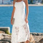 White Tie Spaghetti Straps Floral Lace Overlay Long Dress
