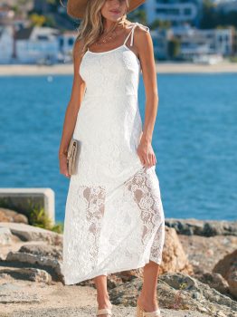 White Tie Spaghetti Straps Floral Lace Overlay Long Dress