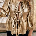Gold Bow Tie Front Puff 3/4 Sleeve Ruffle Hem Blouse