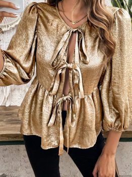 Gold Bow Tie Front Puff 3/4 Sleeve Ruffle Hem Blouse