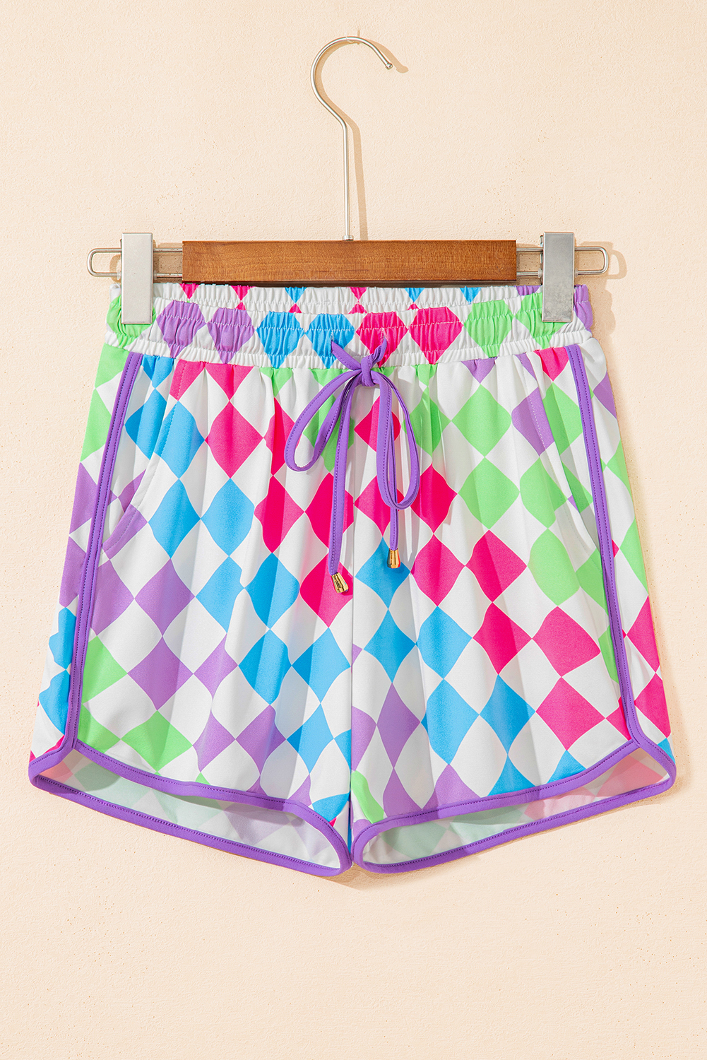 Multicolour Checkered Drawstring Elastic Waist Casual Shorts - Image 7