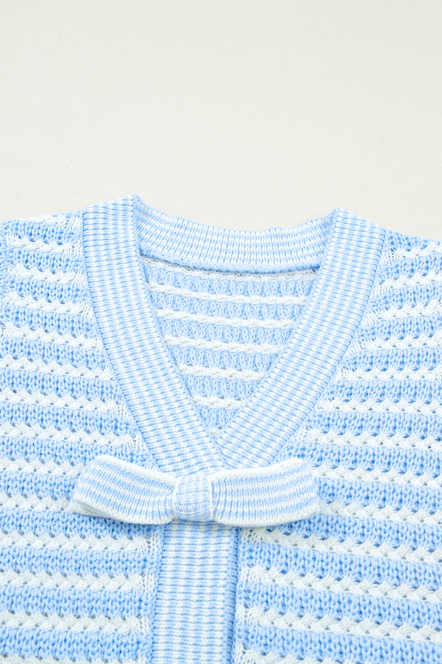 Sky Blue Stripe Short Sleeve Knit V Neck Bow Knot Sweater - Image 7