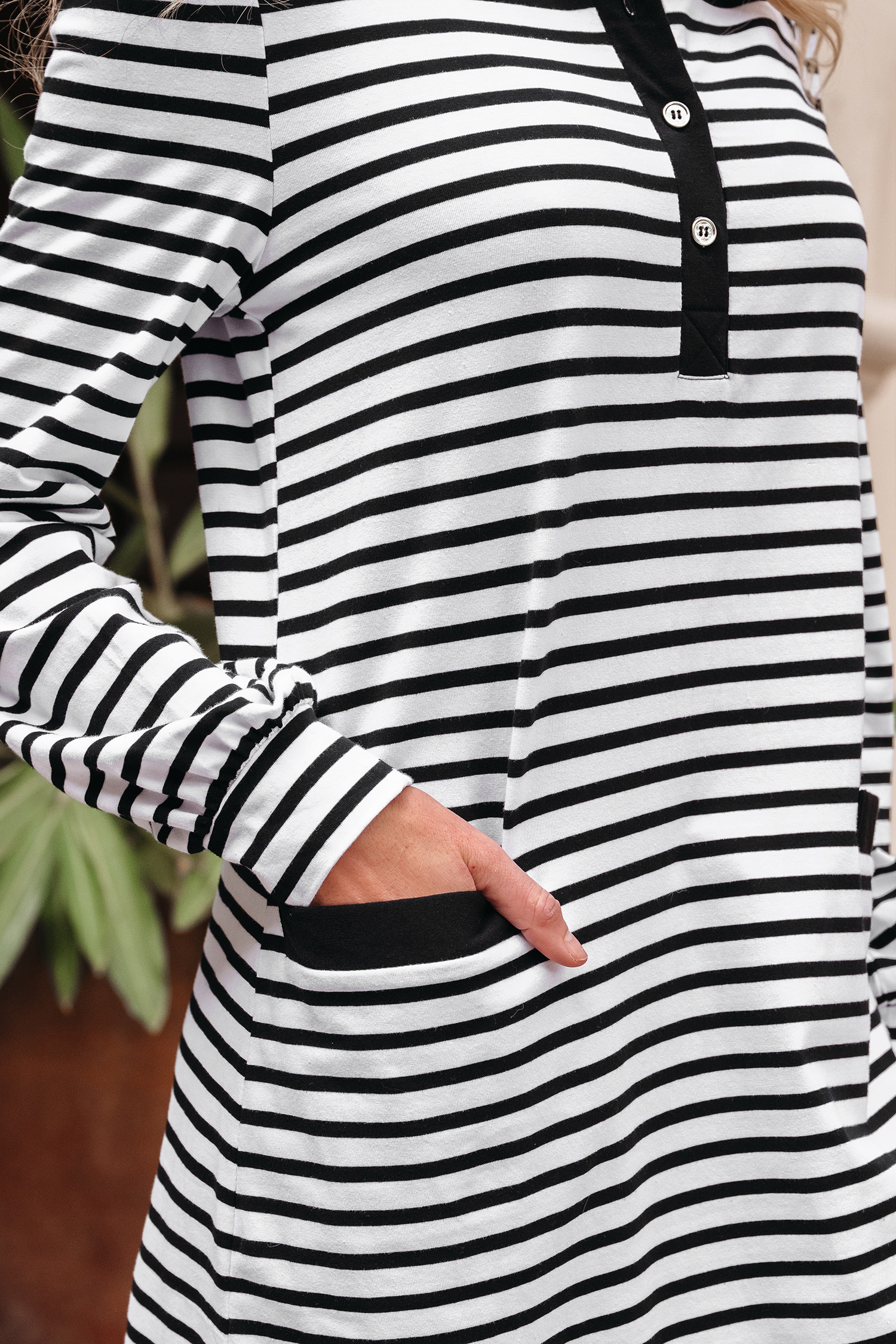 White Stripe Buttoned Front Collared Long Sleeve T Shirt Dress with Pockets - Image 8