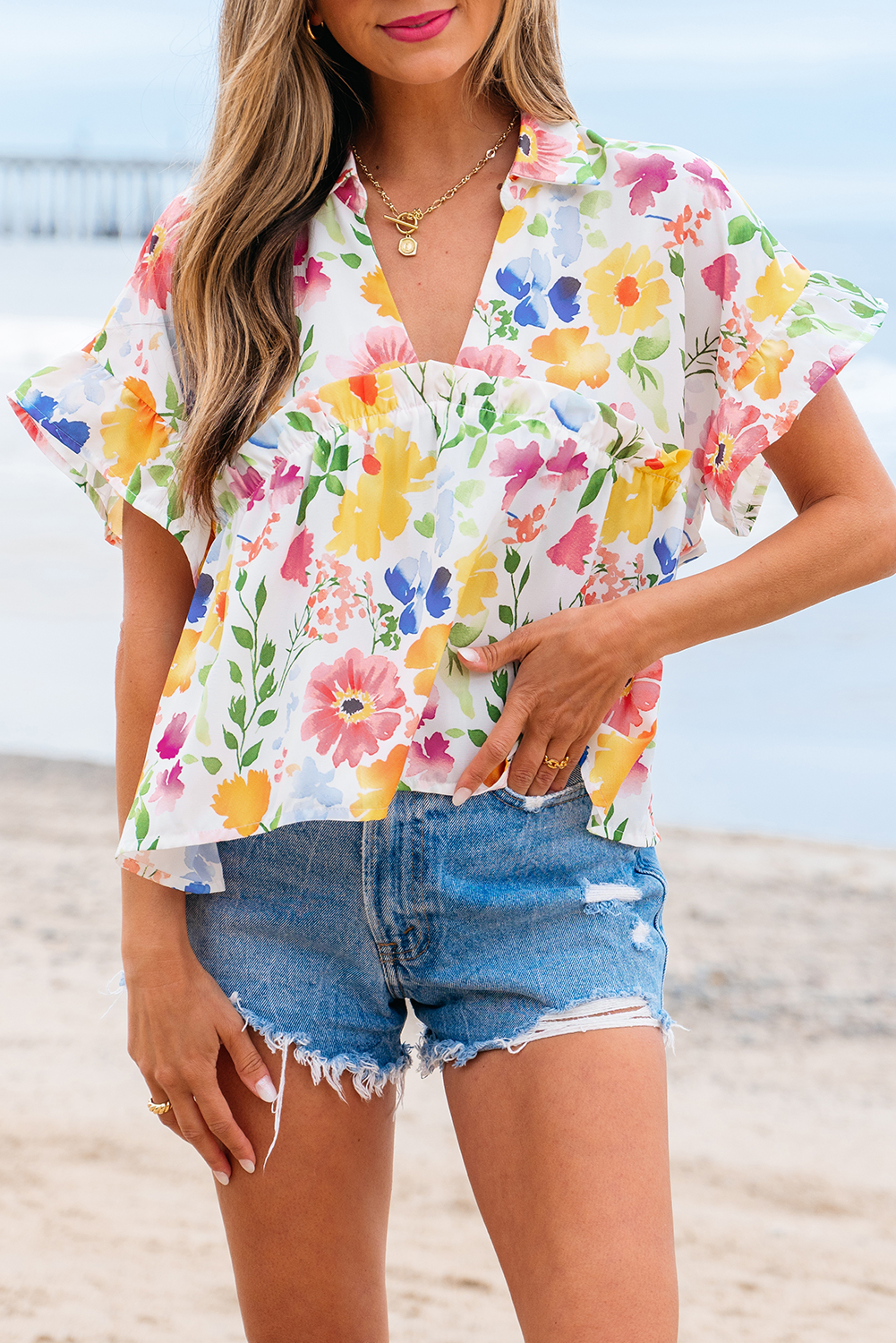 Yellow Floral Boxy Fit Ruffled Short Sleeve V Neck Blouse - Image 6