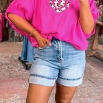 Rose Red Dolman Half Sleeve Leopard Patchwork Trim V Neck Blouse