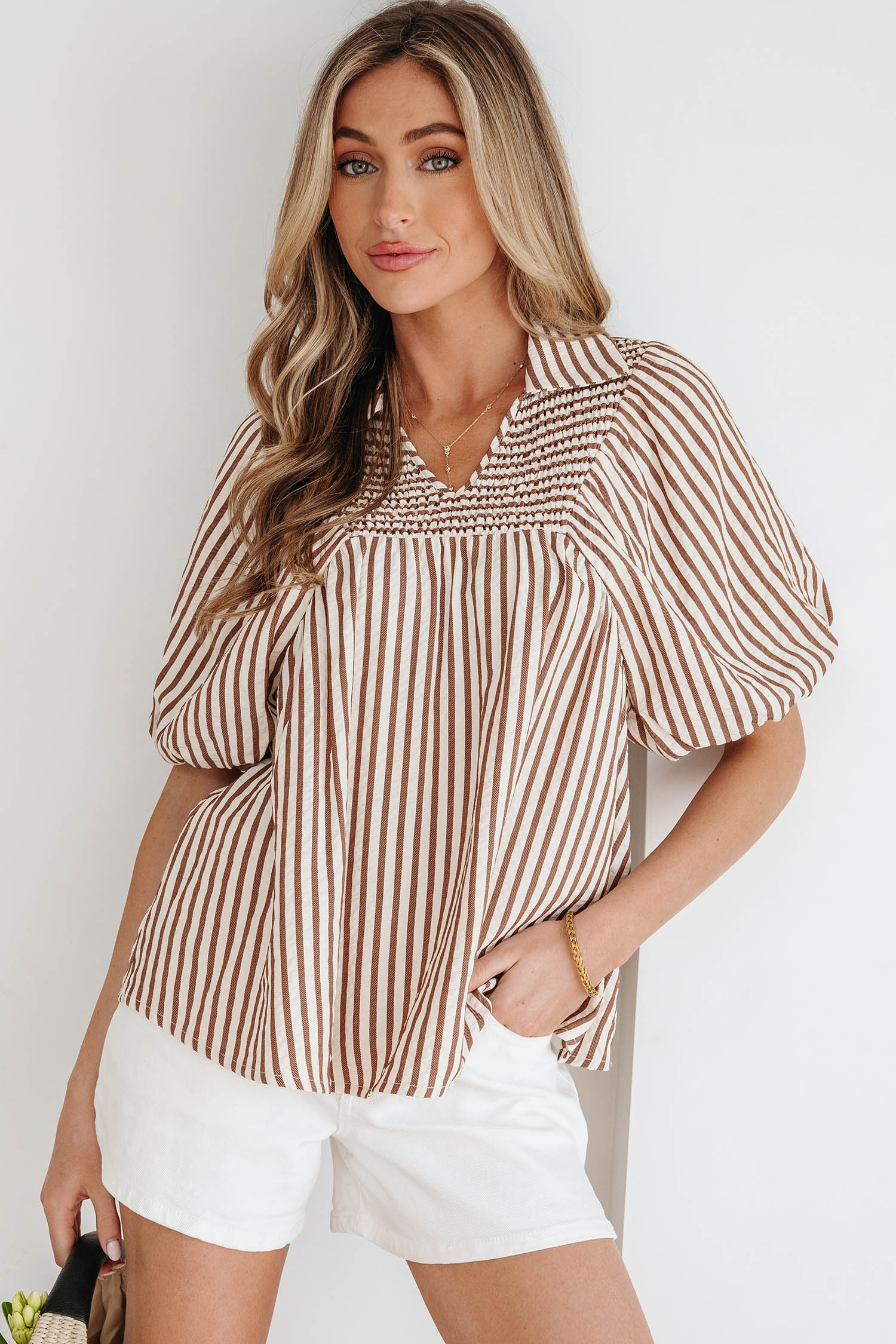 Brown Stripe Shirred V Neck Short Puff Sleeve Blouse - Image 3