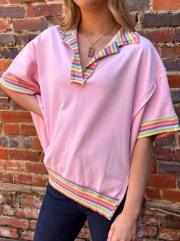 Pink Rainbow Stripe Ribbed Patchwork Raw Seam Oversize Polo Tee